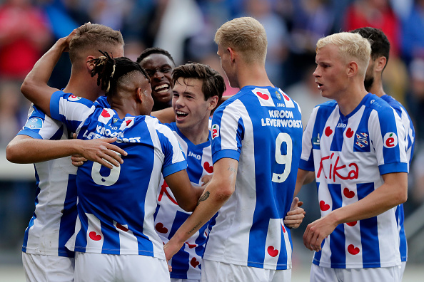 HEERENVEEN, NETHERLANDS - SEPTEMBER 22: (L-R) Chidera Ejuke of SC Heerenveen, Mitchell van Bergen of SC Heerenveen, Jens Odgaard of SC Heerenveen celebrate 1-1 during the Dutch Eredivisie match between SC Heerenveen v FC Utrecht at the Abe Lenstra Stadium on September 22, 2019 in Heerenveen Netherlands (Photo by Angelo Blankespoor/Soccrates/Getty Images)